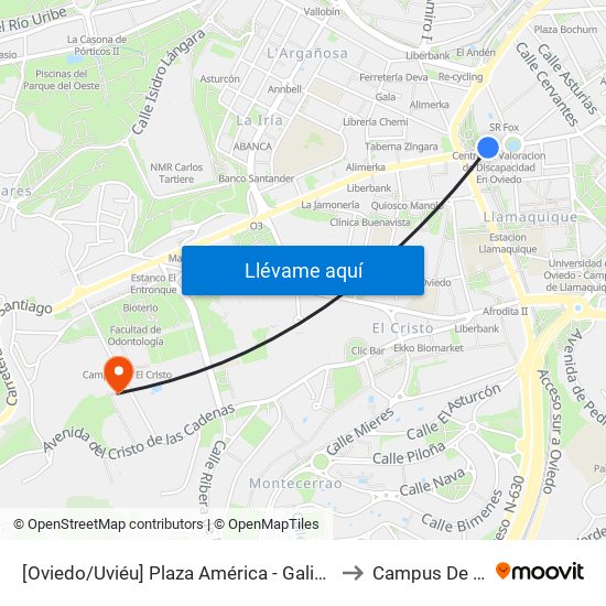 [Oviedo/Uviéu]  Plaza América - Galicia Avda [Cta 07307] to Campus De El Cristo map
