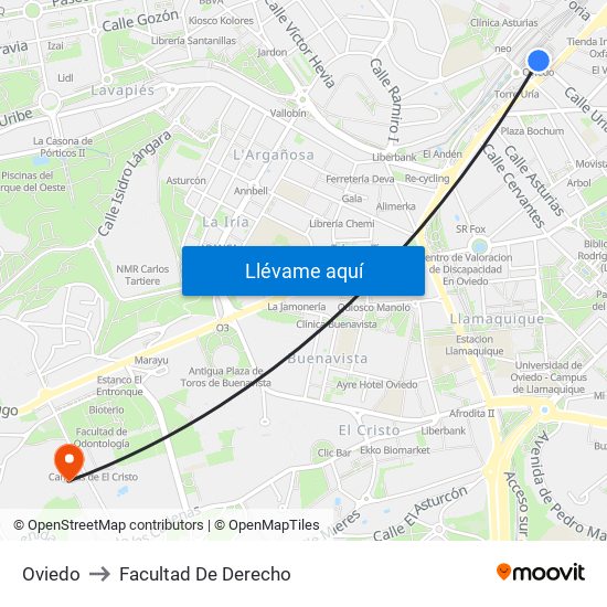 Oviedo to Facultad De Derecho map