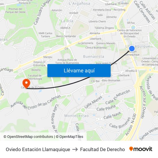 Oviedo Estación Llamaquique to Facultad De Derecho map