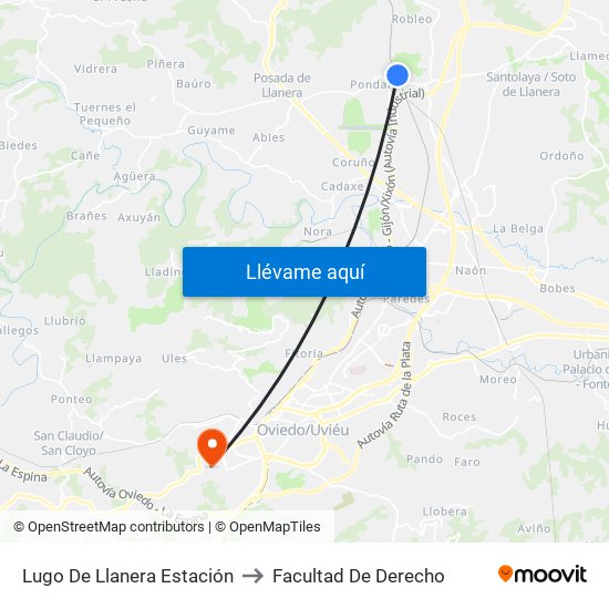 Lugo De Llanera Estación to Facultad De Derecho map