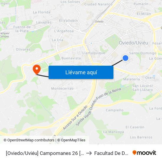 [Oviedo/Uviéu]  Campomanes 26 [Cta 21393] to Facultad De Derecho map