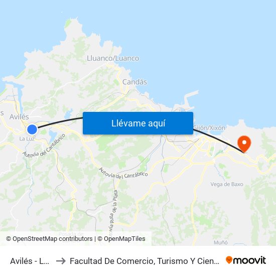 Avilés - La Rocica to Facultad De Comercio, Turismo Y Ciencias Sociales Jovellanos map