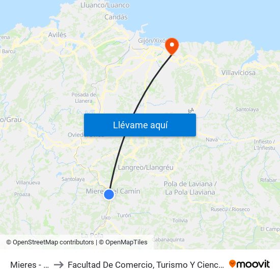 Mieres - Puente to Facultad De Comercio, Turismo Y Ciencias Sociales Jovellanos map