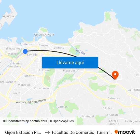 Gijón Estación Provisional Sanz Crespo to Facultad De Comercio, Turismo Y Ciencias Sociales Jovellanos map