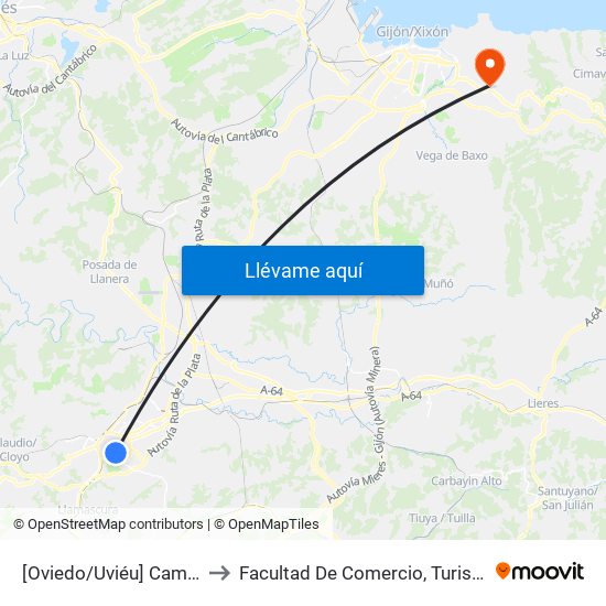 [Oviedo/Uviéu]  Campomanes 26 [Cta 21393] to Facultad De Comercio, Turismo Y Ciencias Sociales Jovellanos map