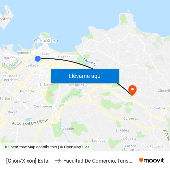 [Gijón/Xixón]  Estación Alsa [Cta 00784] to Facultad De Comercio, Turismo Y Ciencias Sociales Jovellanos map