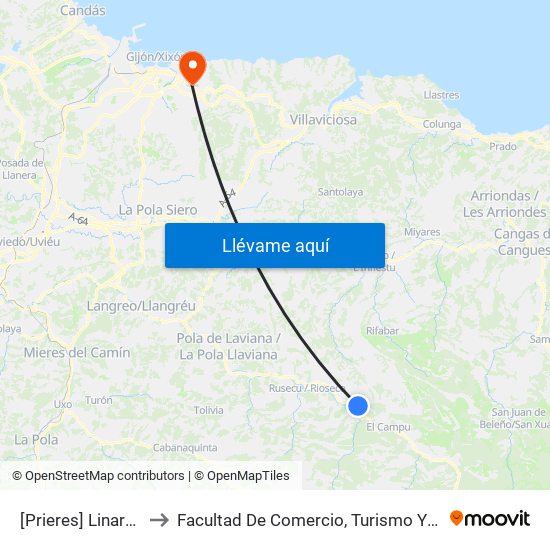 [Prieres]  Linares [Cta 01262] to Facultad De Comercio, Turismo Y Ciencias Sociales Jovellanos map