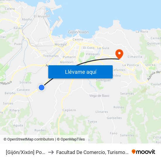 [Gijón/Xixón]  Porceyo [Cta 01322] to Facultad De Comercio, Turismo Y Ciencias Sociales Jovellanos map