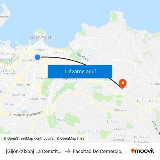 [Gijón/Xixón]  La Constitución Avda - Puerta La Villa [Cta 06838] to Facultad De Comercio, Turismo Y Ciencias Sociales Jovellanos map