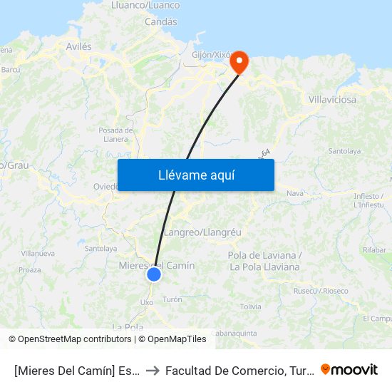 [Mieres Del Camín]  Estación Bus Mieres [Cta 07991] to Facultad De Comercio, Turismo Y Ciencias Sociales Jovellanos map