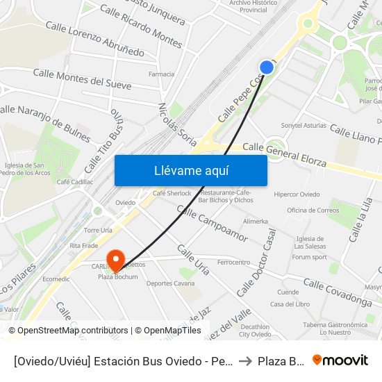 [Oviedo/Uviéu]  Estación Bus Oviedo - Pepe Cosmen [Cta 01549] to Plaza Bochum map