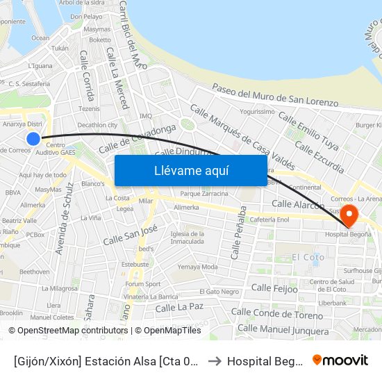 [Gijón/Xixón]  Estación Alsa [Cta 00784] to Hospital Begoña map