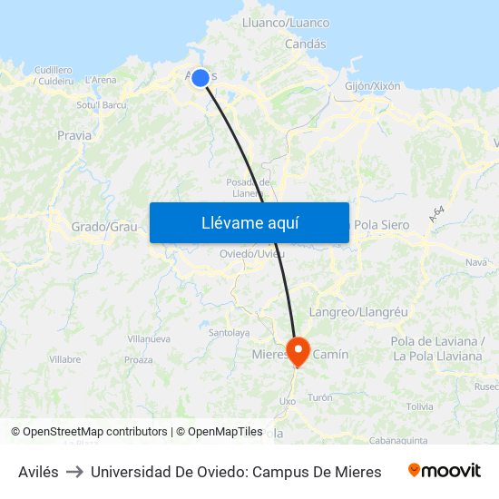 Avilés to Universidad De Oviedo: Campus De Mieres map