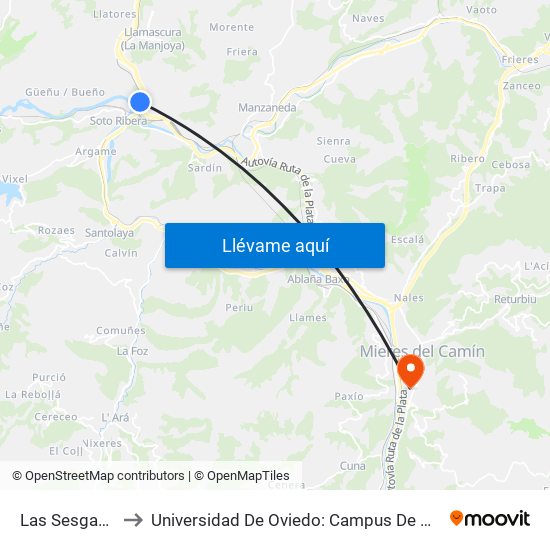 Las Sesgadas to Universidad De Oviedo: Campus De Mieres map