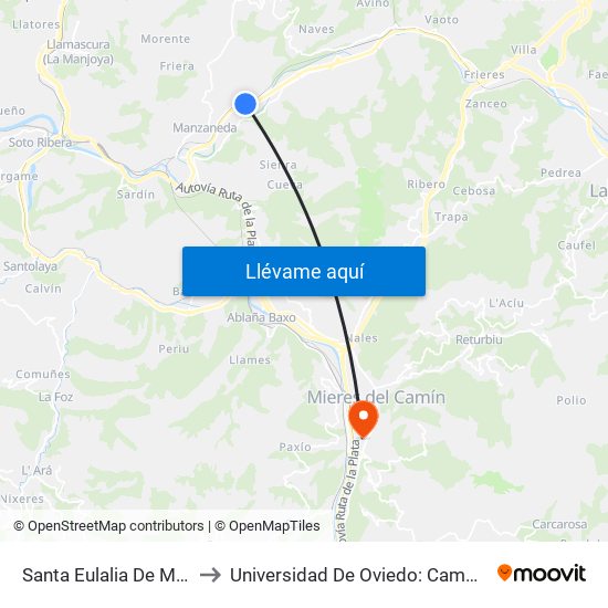 Santa Eulalia De Manzaneda to Universidad De Oviedo: Campus De Mieres map