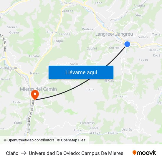 Ciaño to Universidad De Oviedo: Campus De Mieres map