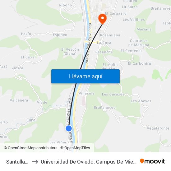 Santullano to Universidad De Oviedo: Campus De Mieres map