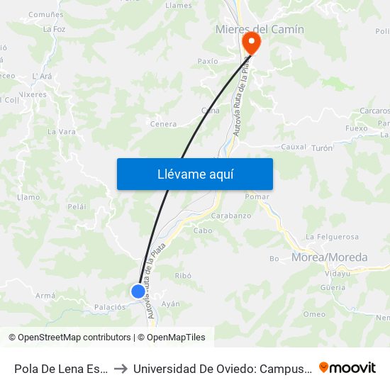 Pola De Lena Estación to Universidad De Oviedo: Campus De Mieres map