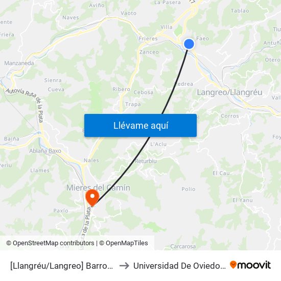 [Llangréu/Langreo]  Barros - Credine [Cta 20918] to Universidad De Oviedo: Campus De Mieres map