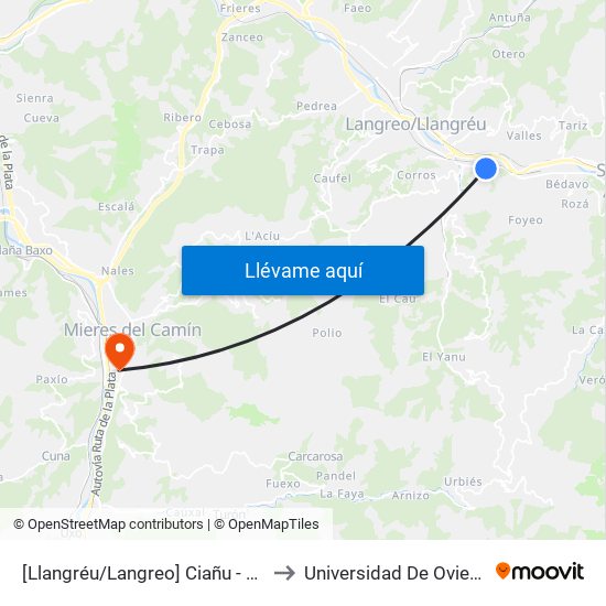 [Llangréu/Langreo]  Ciañu - Pozo María Luisa [Cta 00430] to Universidad De Oviedo: Campus De Mieres map