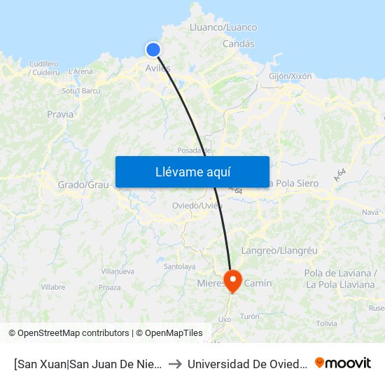 [San Xuan|San Juan De Nieva]  Prácticos [Cta 01057] to Universidad De Oviedo: Campus De Mieres map