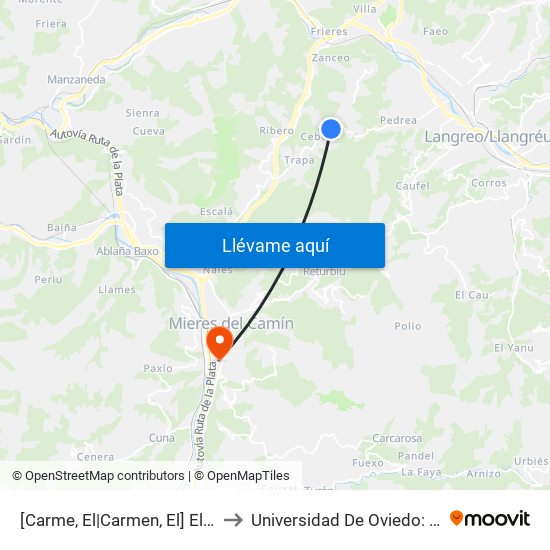 [Carme, El|Carmen, El]  El Carme [Cta 01145] to Universidad De Oviedo: Campus De Mieres map