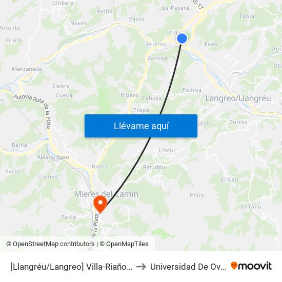 [Llangréu/Langreo]  Villa-Riaño - Hospital Valle Del Nalón [Cta 01251] to Universidad De Oviedo: Campus De Mieres map