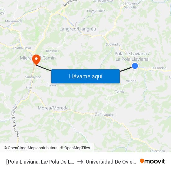 [Pola Llaviana, La/Pola De Laviana]  Solavega [Cta 01292] to Universidad De Oviedo: Campus De Mieres map