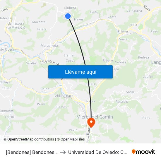 [Bendones]  Bendones 2 [Cta 01308] to Universidad De Oviedo: Campus De Mieres map