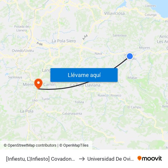 [Infiestu, L'|Infiesto]  Covadonga Calle - Plaza Mayor [Cta 01935] to Universidad De Oviedo: Campus De Mieres map