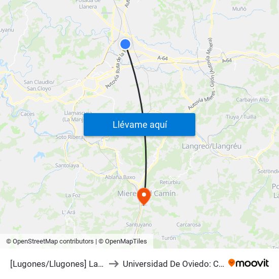 [Lugones/Llugones]  La Ería [Cta 02049] to Universidad De Oviedo: Campus De Mieres map