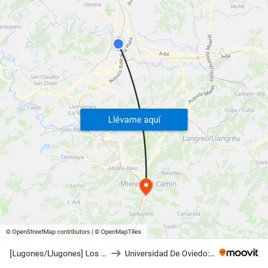 [Lugones/Llugones]  Los Peñones [Cta 02074] to Universidad De Oviedo: Campus De Mieres map