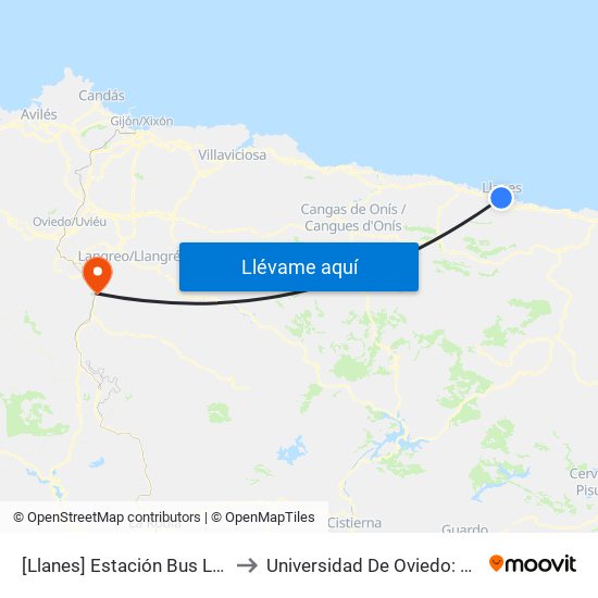 [Llanes]  Estación Bus Llanes [Cta 03547] to Universidad De Oviedo: Campus De Mieres map