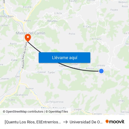 [Quentu Los Ríos, El|Entrerríos]  El Quentu Los Ríos - Urbiés [Cta 06158] to Universidad De Oviedo: Campus De Mieres map
