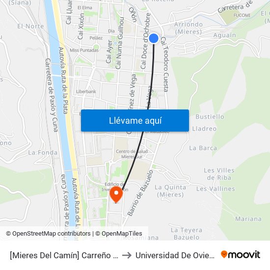 [Mieres Del Camín]  Carreño Miranda - Iglesia [Cta 06170] to Universidad De Oviedo: Campus De Mieres map
