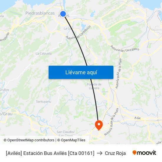 [Avilés]  Estación Bus Avilés [Cta 00161] to Cruz Roja map