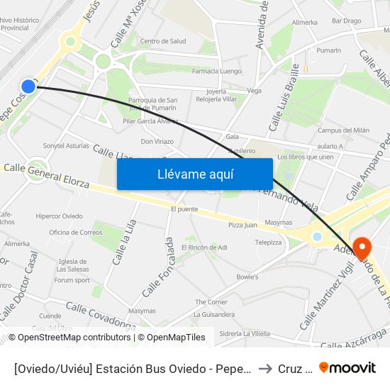 [Oviedo/Uviéu]  Estación Bus Oviedo - Pepe Cosmen [Cta 01549] to Cruz Roja map