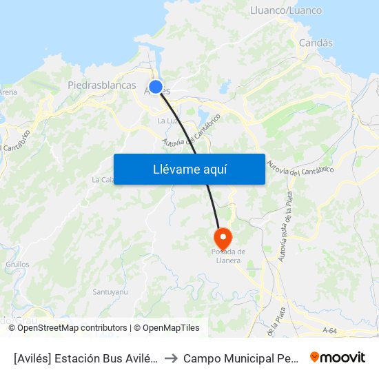 [Avilés]  Estación Bus Avilés [Cta 00161] to Campo Municipal Pepe Quimarán map
