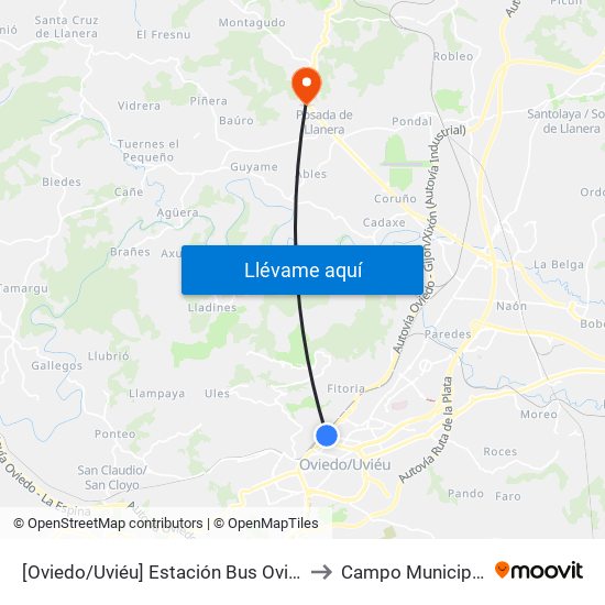 [Oviedo/Uviéu]  Estación Bus Oviedo - Pepe Cosmen [Cta 01549] to Campo Municipal Pepe Quimarán map