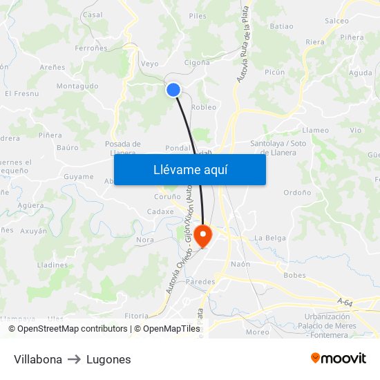 Villabona to Lugones map