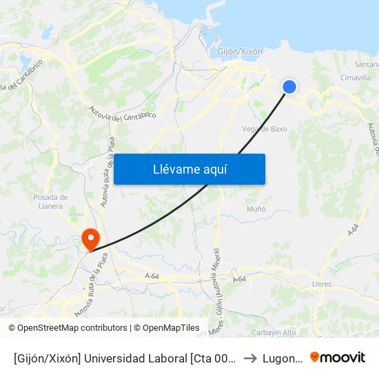 [Gijón/Xixón]  Universidad Laboral [Cta 00792] to Lugones map