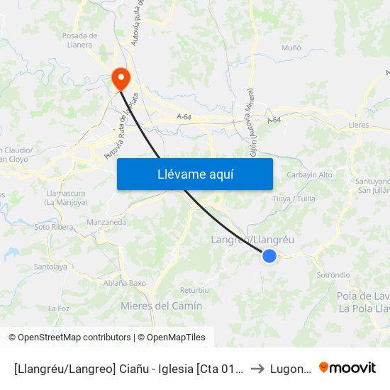 [Llangréu/Langreo]  Ciañu - Iglesia [Cta 01119] to Lugones map