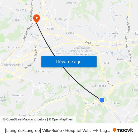 [Llangréu/Langreo]  Villa-Riaño - Hospital Valle Del Nalón [Cta 01296] to Lugones map