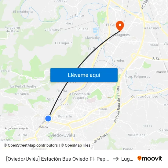 [Oviedo/Uviéu]  Estación Bus Oviedo Fl- Pepe Cosmen [Cta 01549] to Lugones map