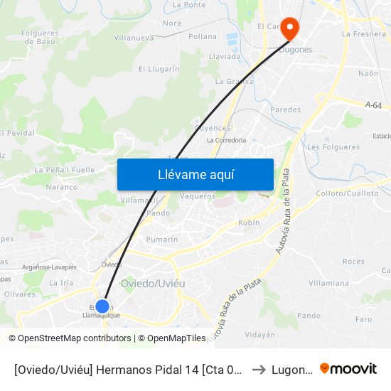 [Oviedo/Uviéu]  Hermanos Pidal 14 [Cta 02667] to Lugones map