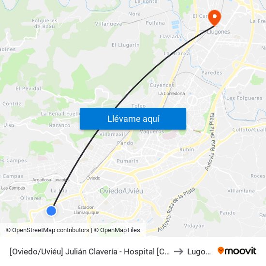 [Oviedo/Uviéu]  Julián Clavería - Hospital [Cta 03630] to Lugones map