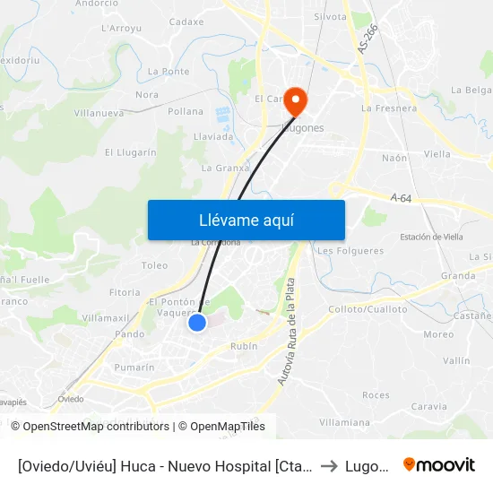[Oviedo/Uviéu]  Huca - Nuevo Hospital [Cta 16751] to Lugones map