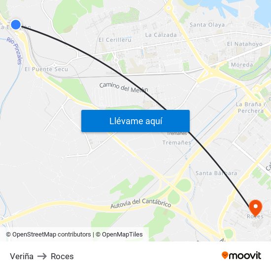 Veriña to Roces map