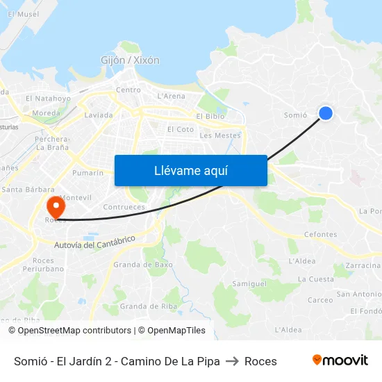 Somió - El Jardín 2 - Camino De La Pipa to Roces map