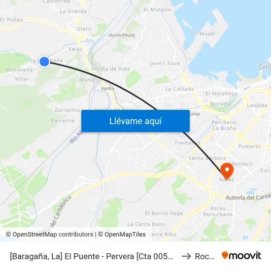 [Baragaña, La]  El Puente - Pervera [Cta 00585] to Roces map